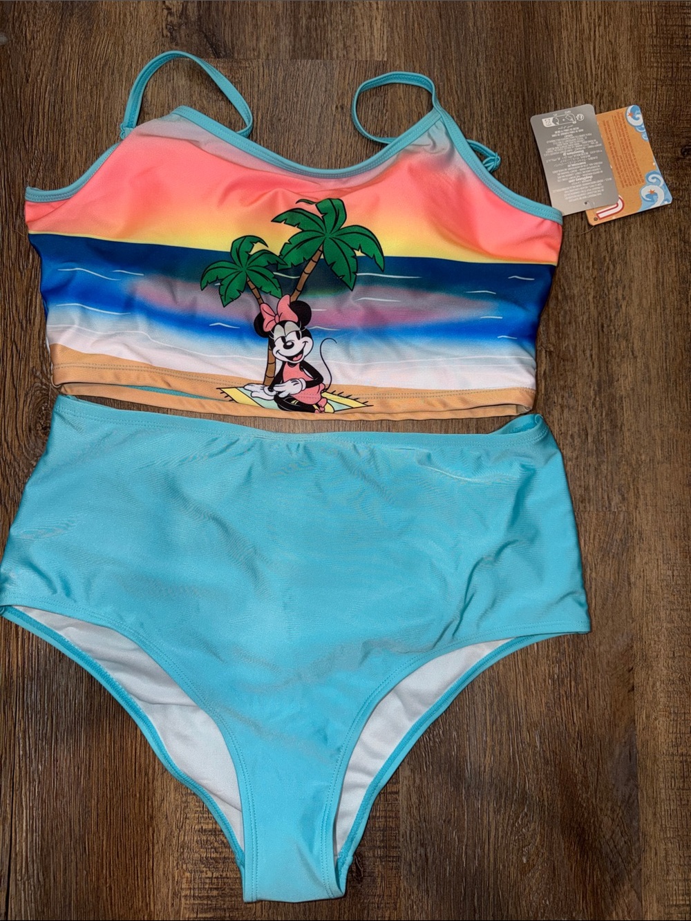Disney Minnie Mouse Women’s Aqua Two-Piece Swim Set - Turquoise & Sunset Print